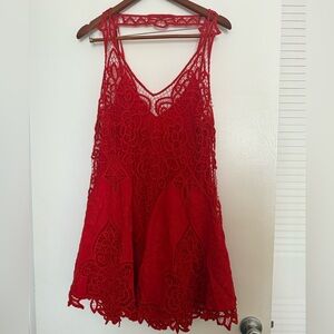 Red Lace Cotton Sleeveless Dress